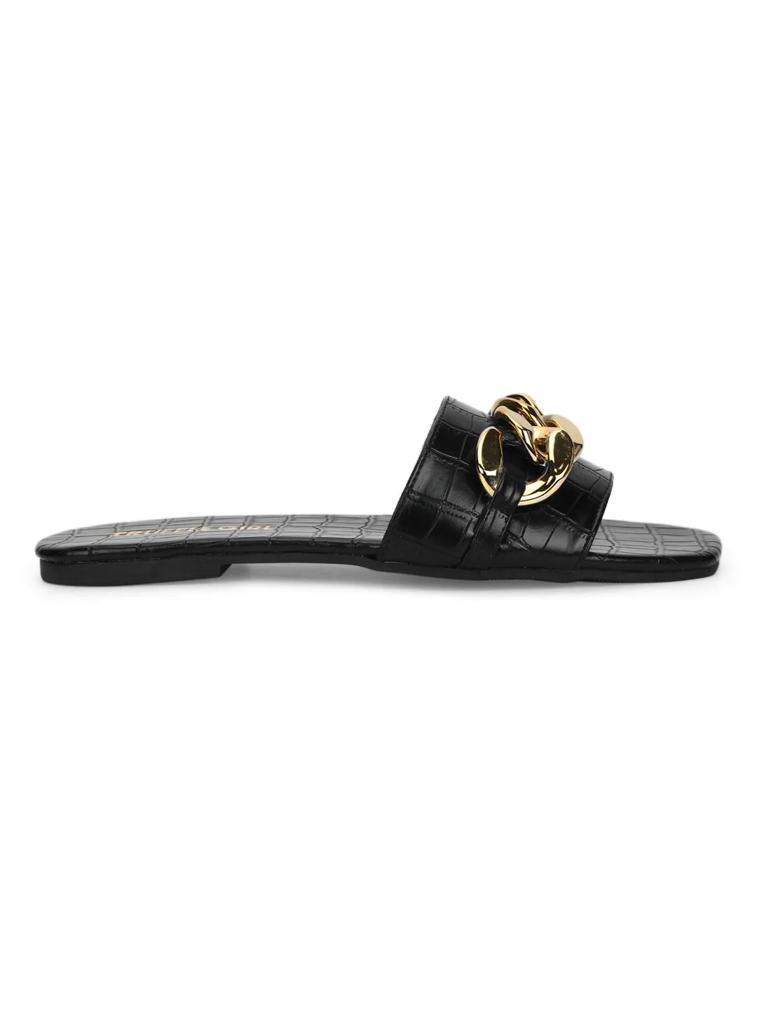 Black Croc PU Gold Chain Slides