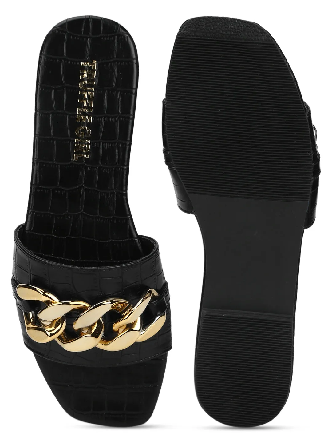 Black Croc PU Gold Chain Slides