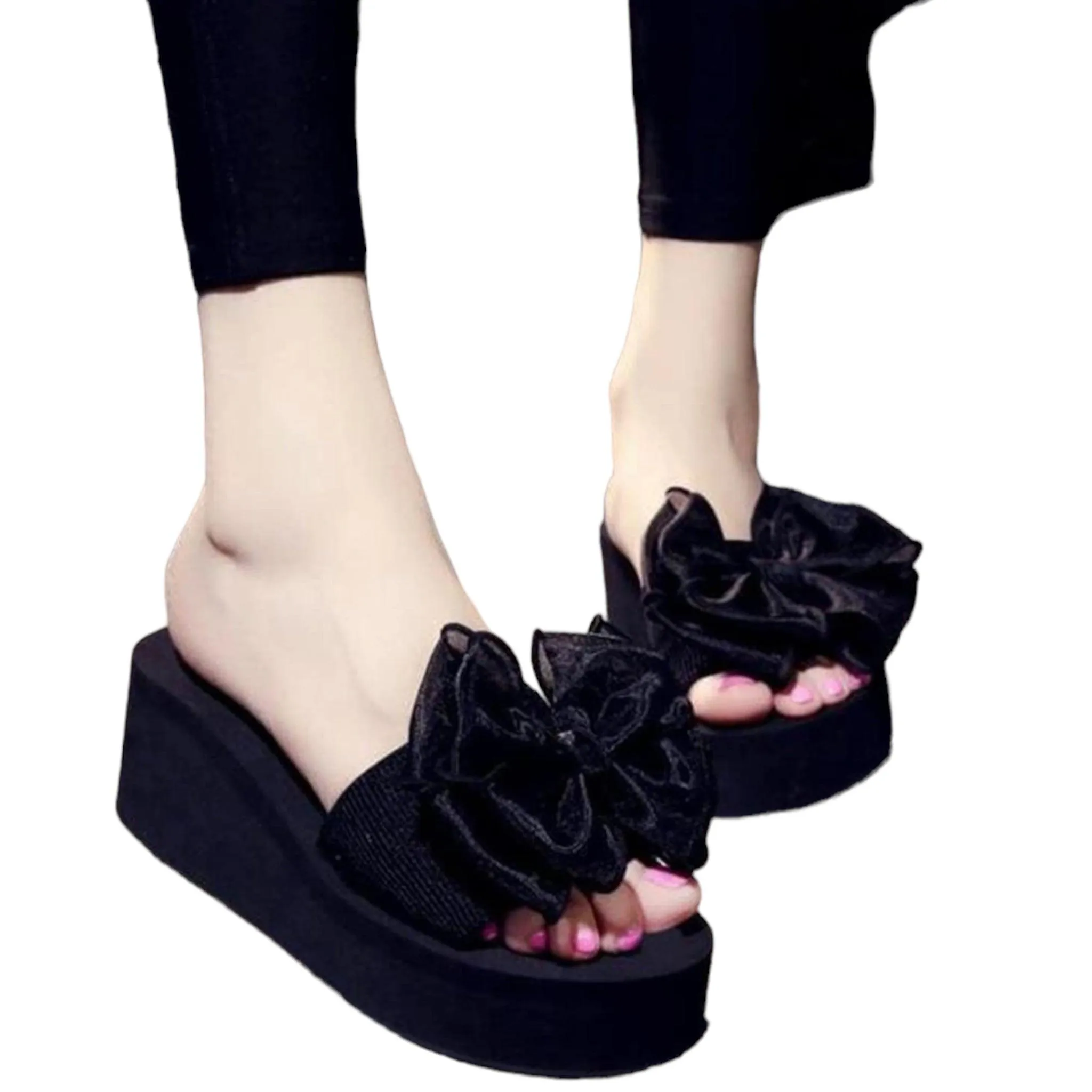 Black Lace Bow Slider Wedge Sandals