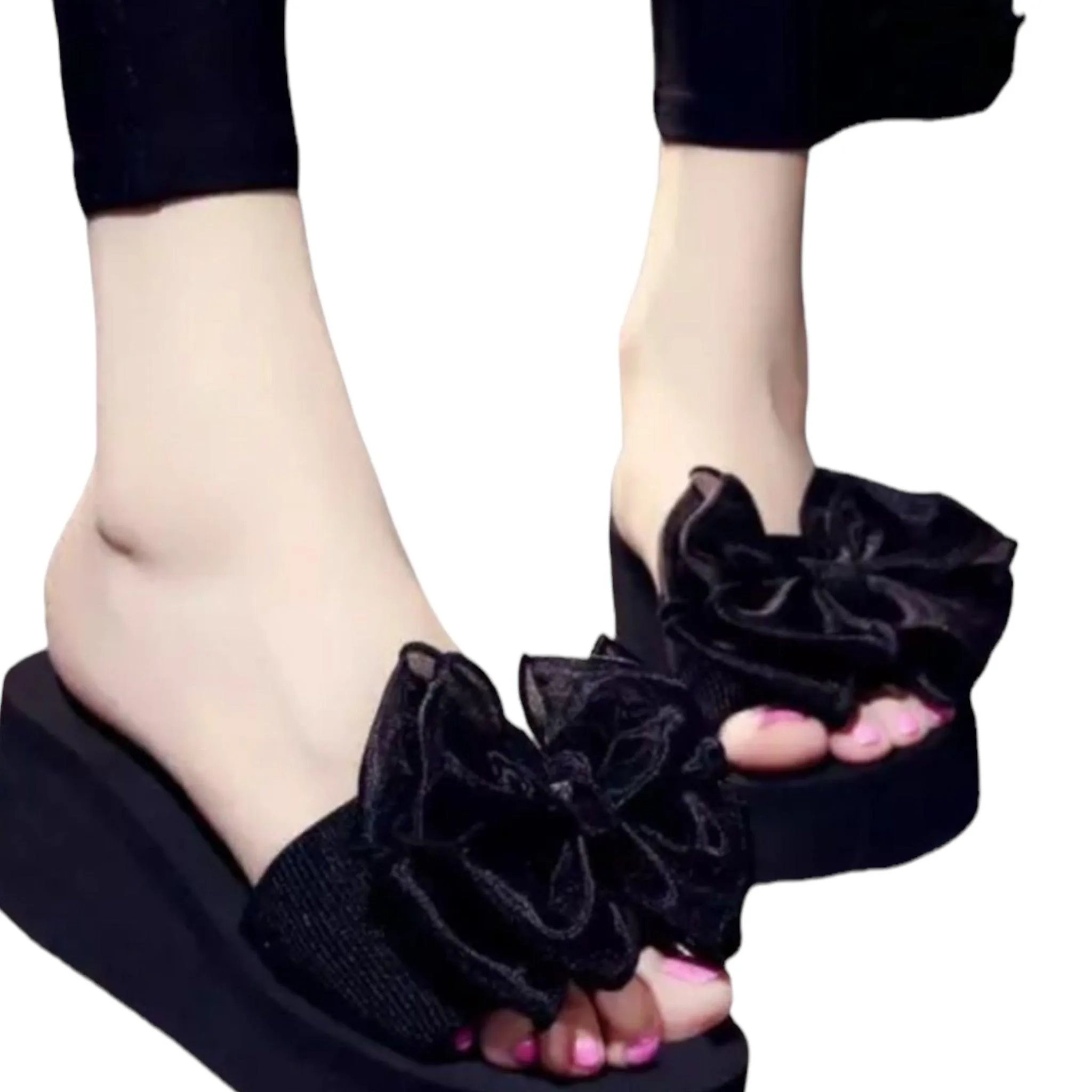 Black Lace Bow Slider Wedge Sandals