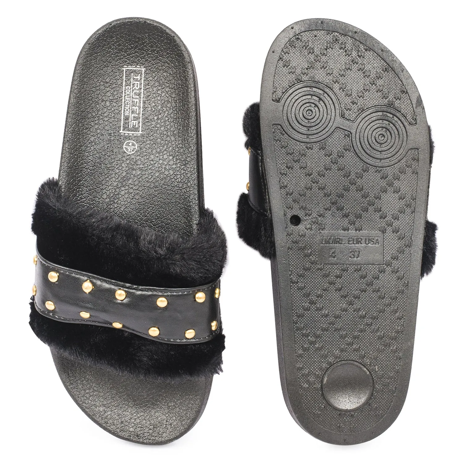 Black Studded Fur Flat Sliders