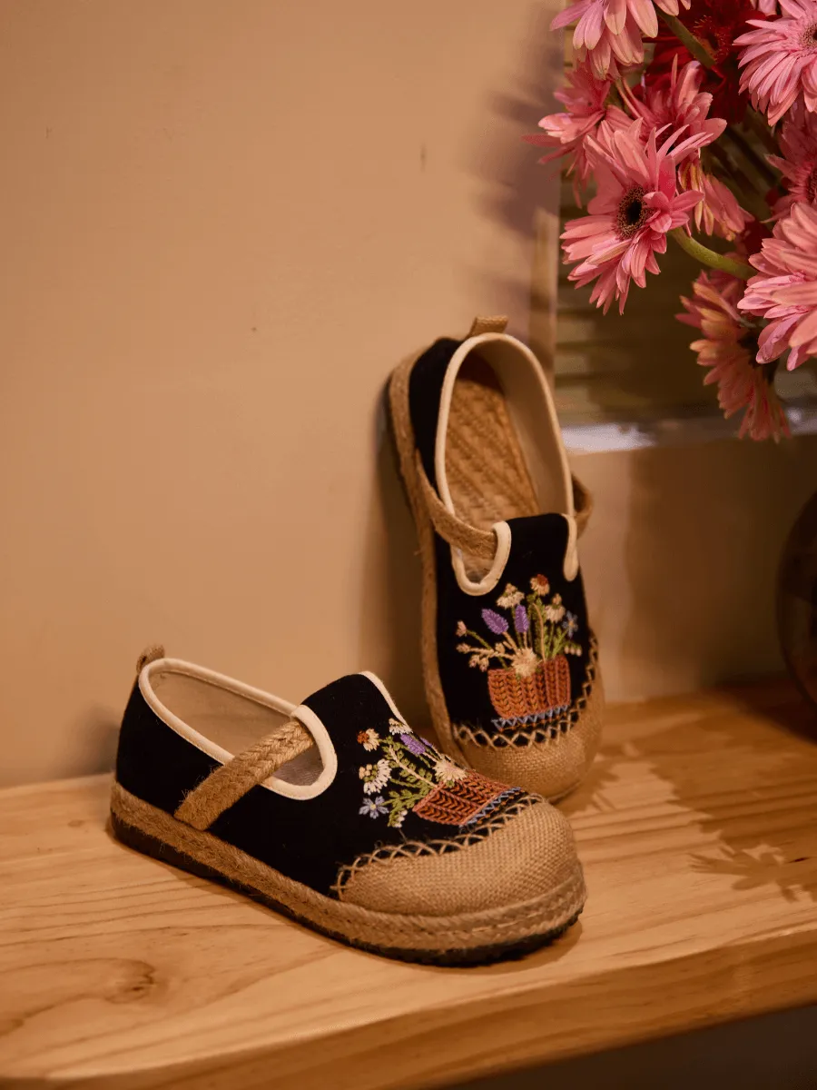 Cactus Rose | Gemma Floral Embroidered Linen Espadrilles - Black