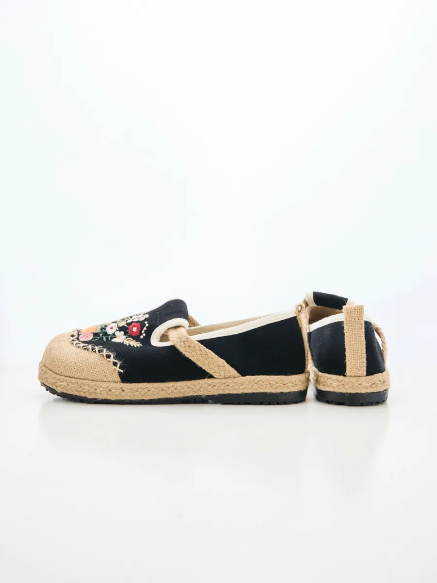 Cactus Rose | Gemma Floral Embroidered Linen Espadrilles - Black