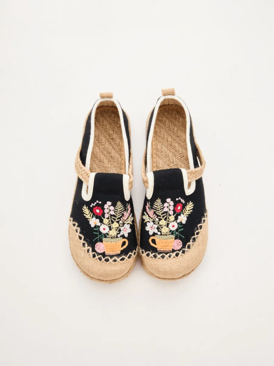 Cactus Rose | Gemma Floral Embroidered Linen Espadrilles - Black