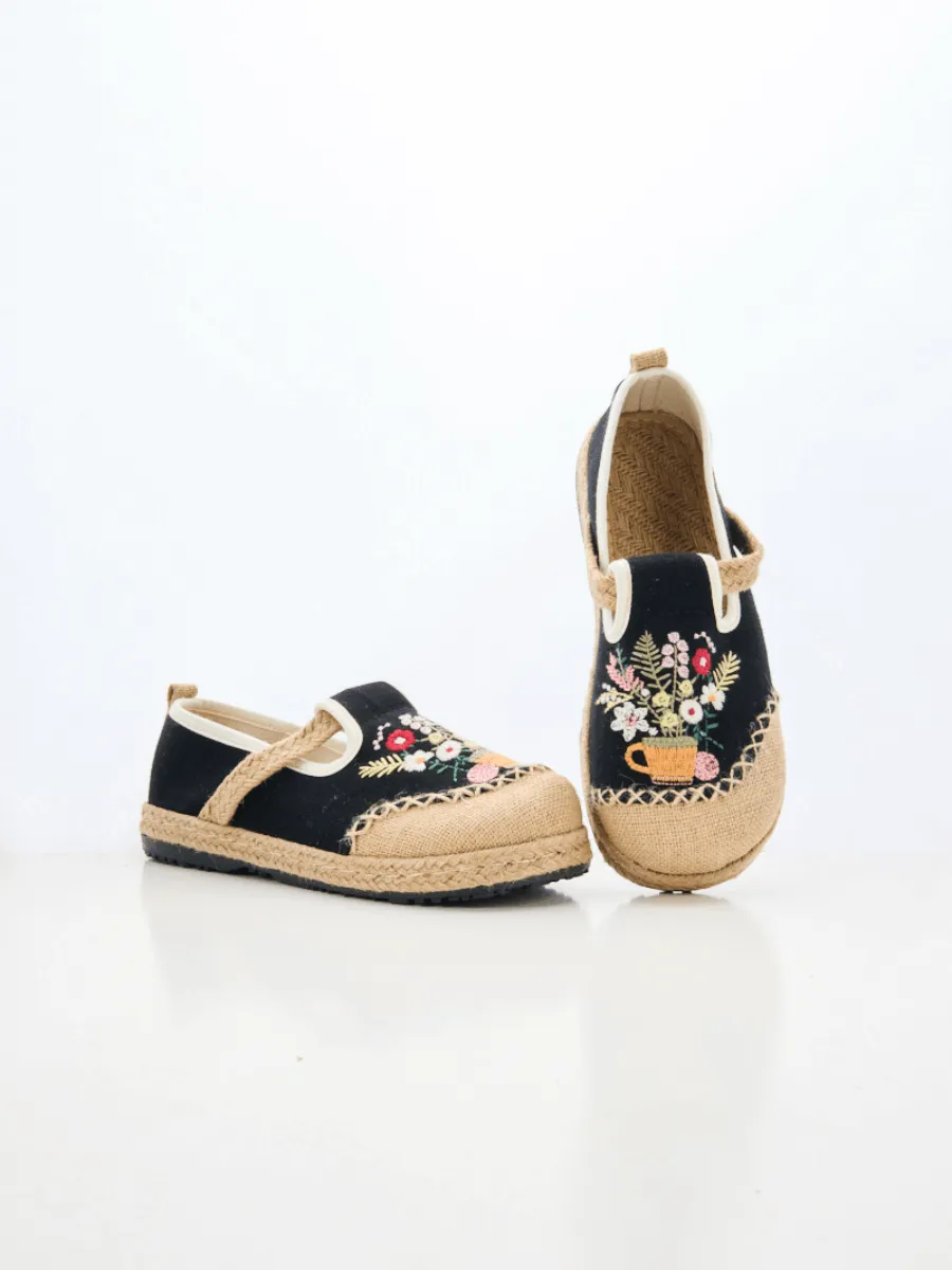 Cactus Rose | Gemma Floral Embroidered Linen Espadrilles - Black