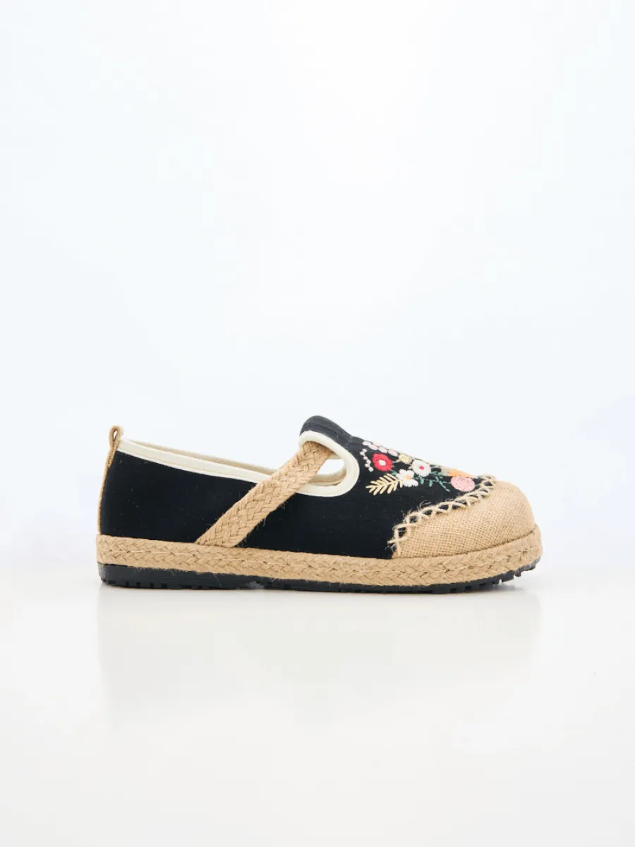 Cactus Rose | Gemma Floral Embroidered Linen Espadrilles - Black