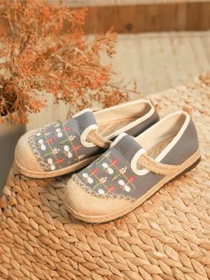 CACTUS ROSE | SWEET GARDEN EMBROIDERED LINEN ESPADRILLE - GREY