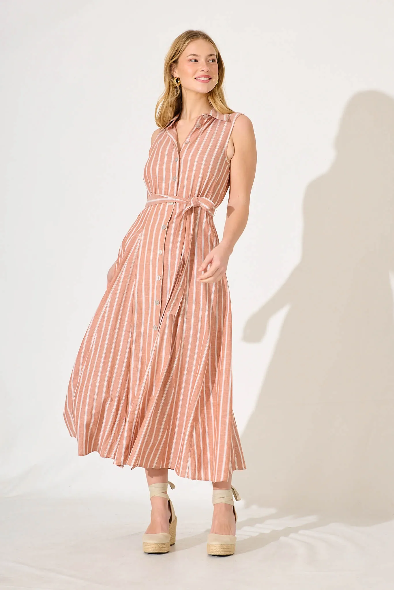 Calla Maxi Shirt Dress In Rust With White Stripe Cotton