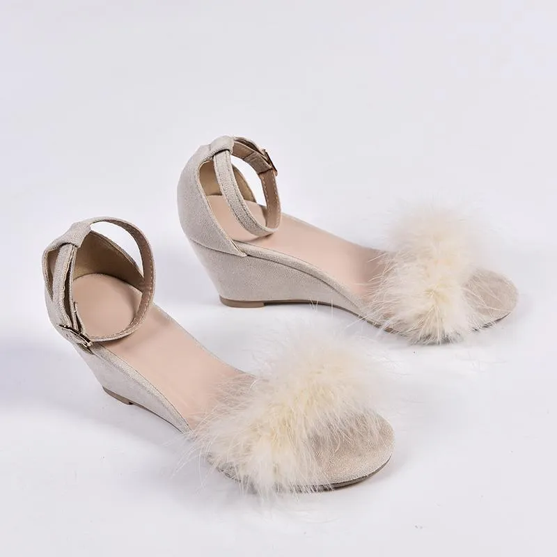 Chicvane Womens Sandals Fluffy Eco Fur Wedge Sandals with Adjustable Buckle Closure