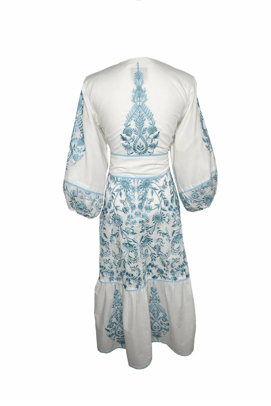 Jewel Neck Flounce in Ciel/ White Embroidered Sultan Floral