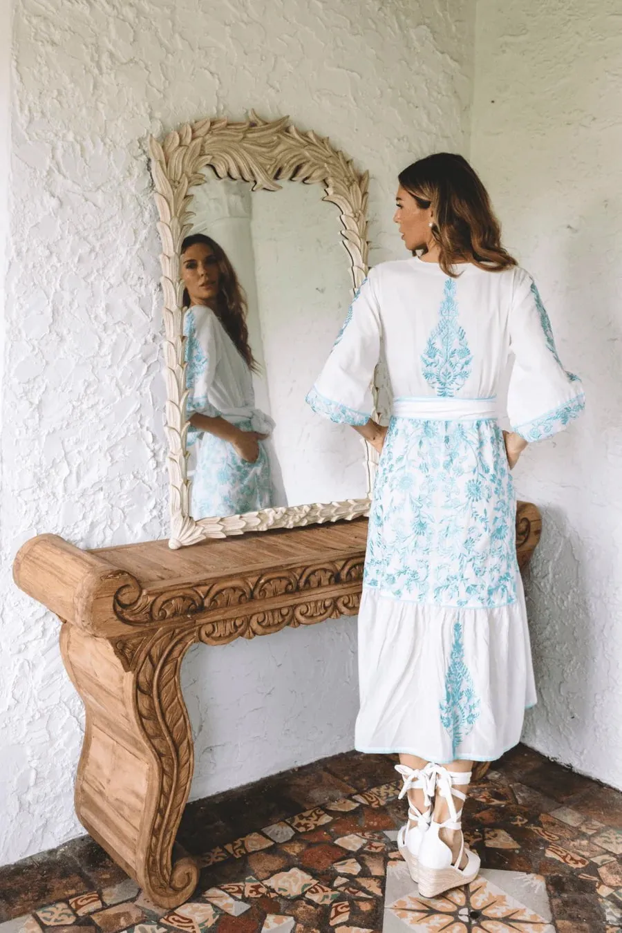 Jewel Neck Flounce in Ciel/ White Embroidered Sultan Floral