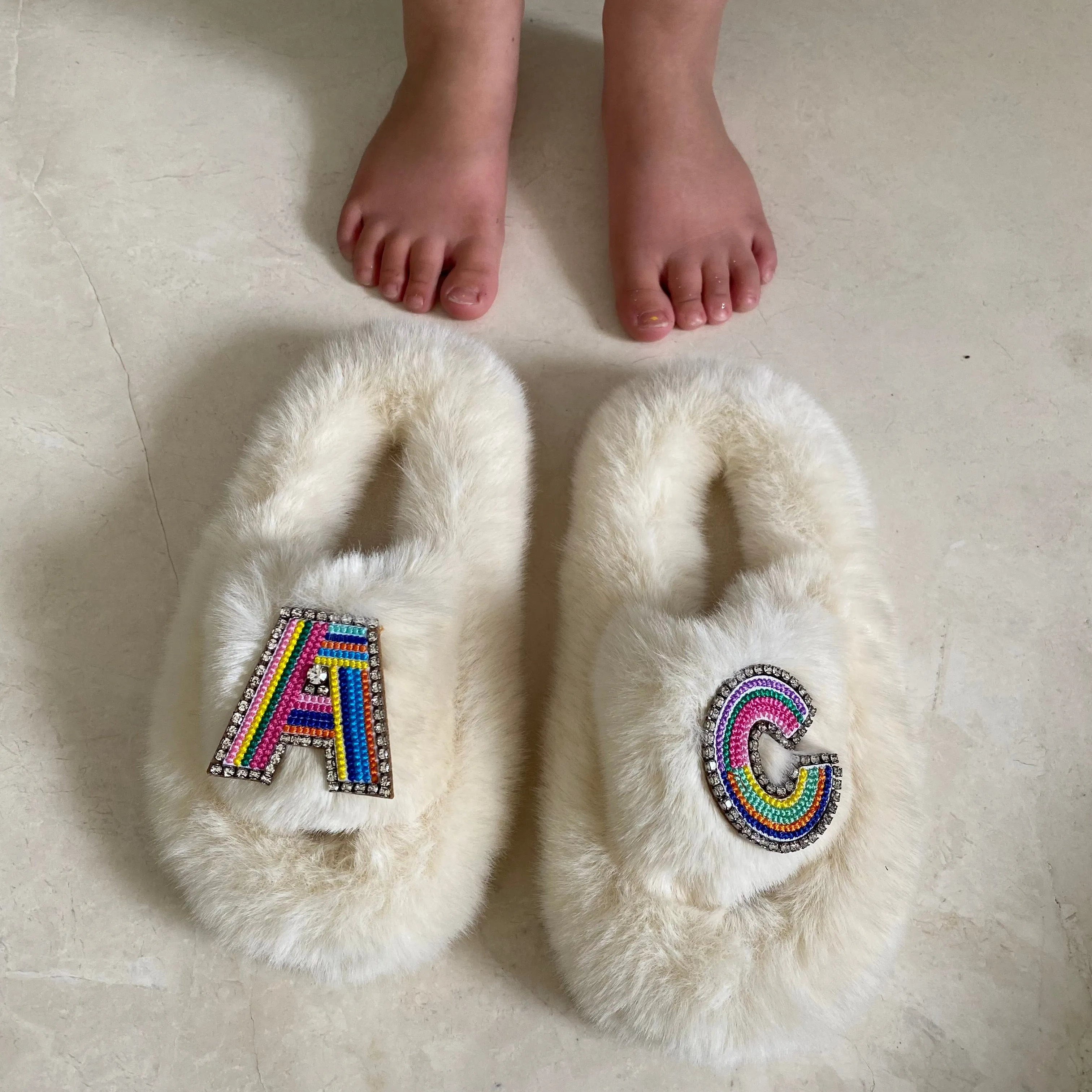 Kids Furry Slides Off White