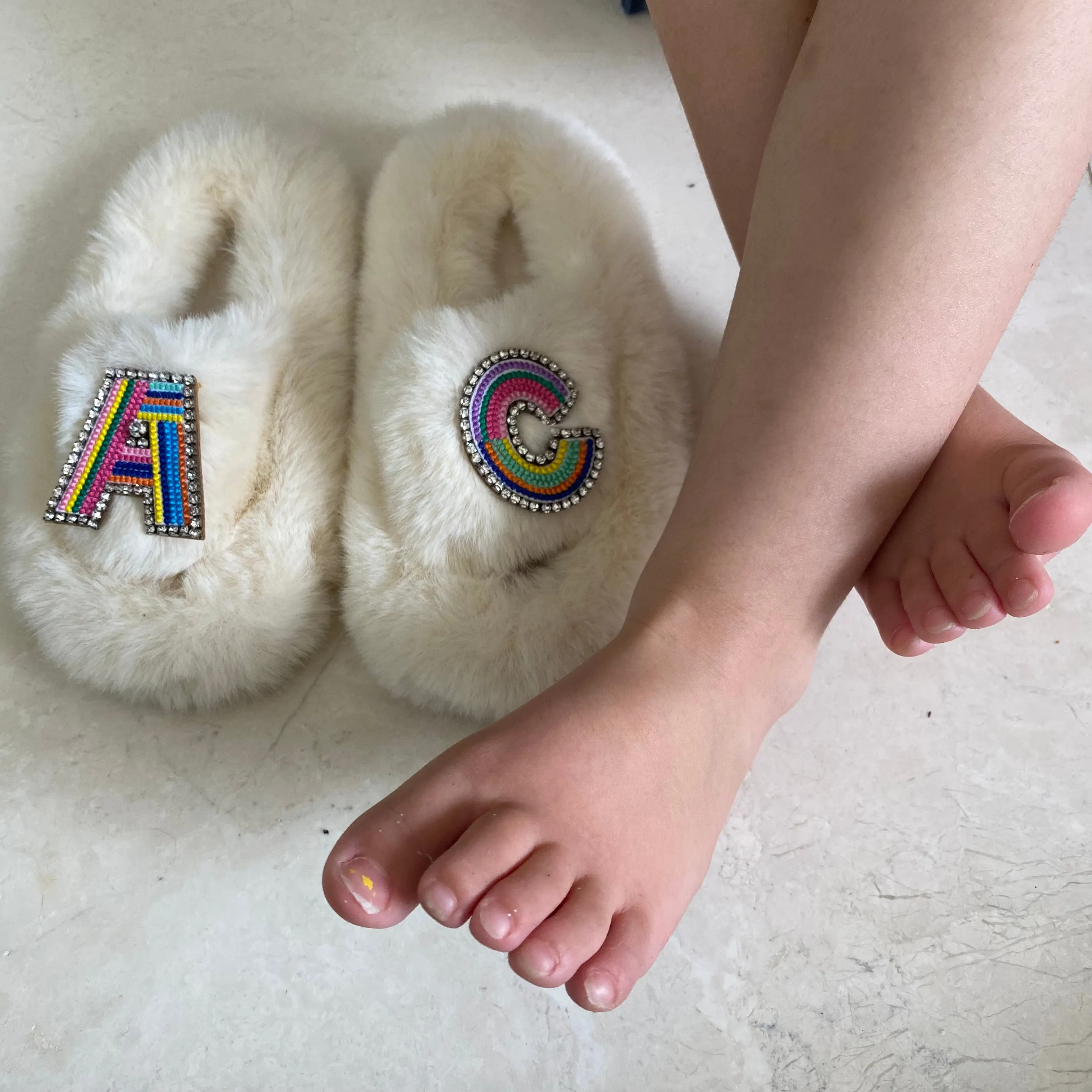 Kids Furry Slides Off White