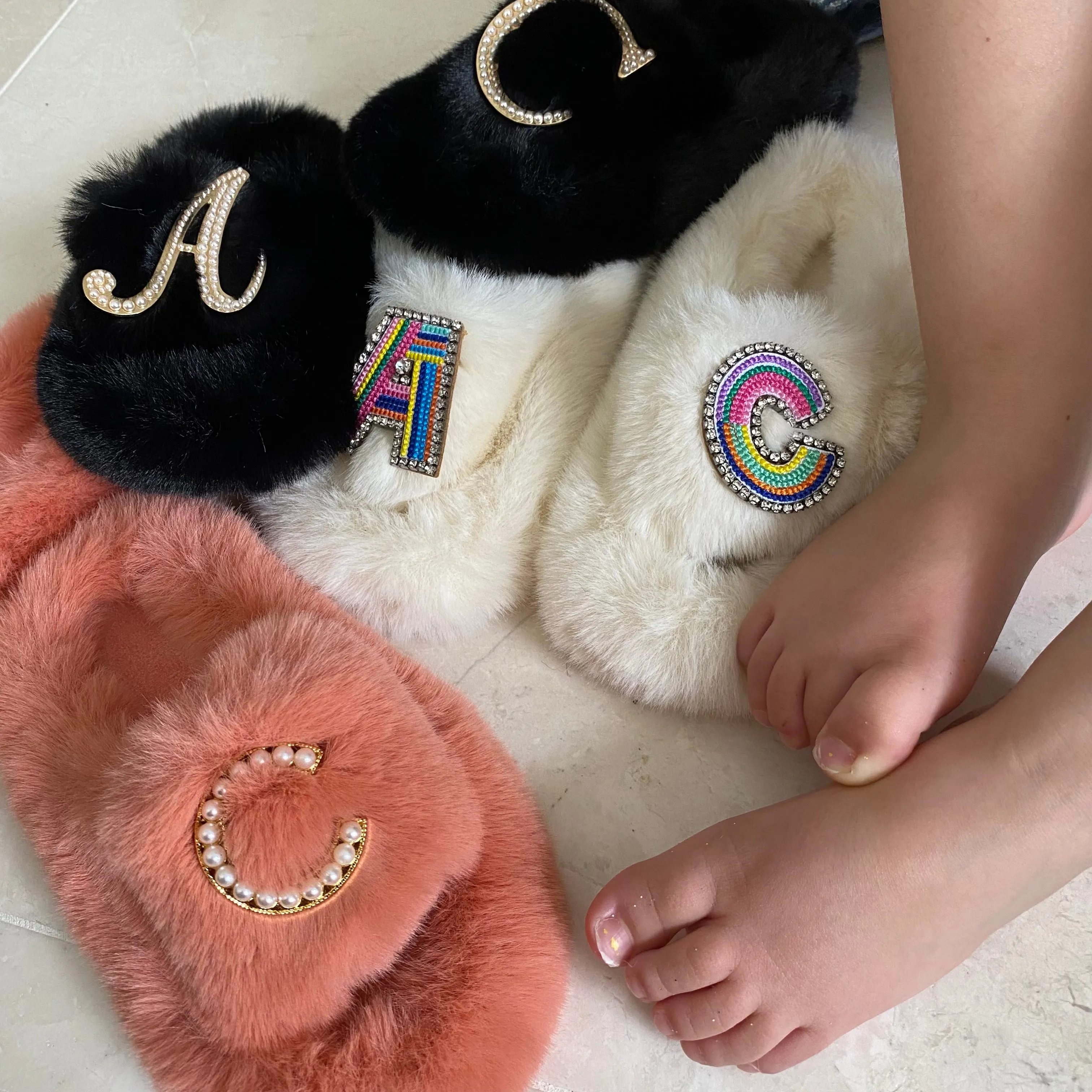 Kids Furry Slides Off White