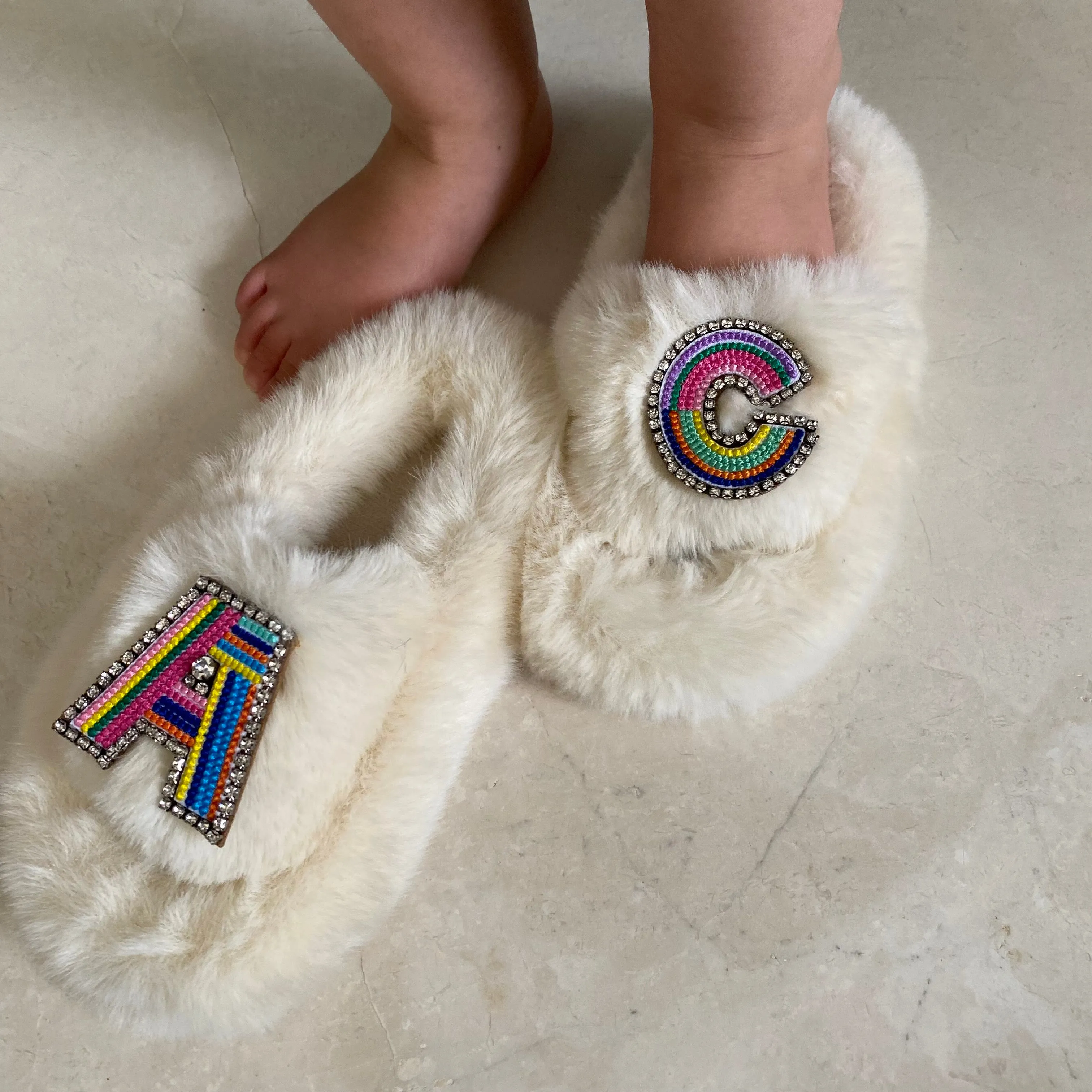 Kids Furry Slides Off White