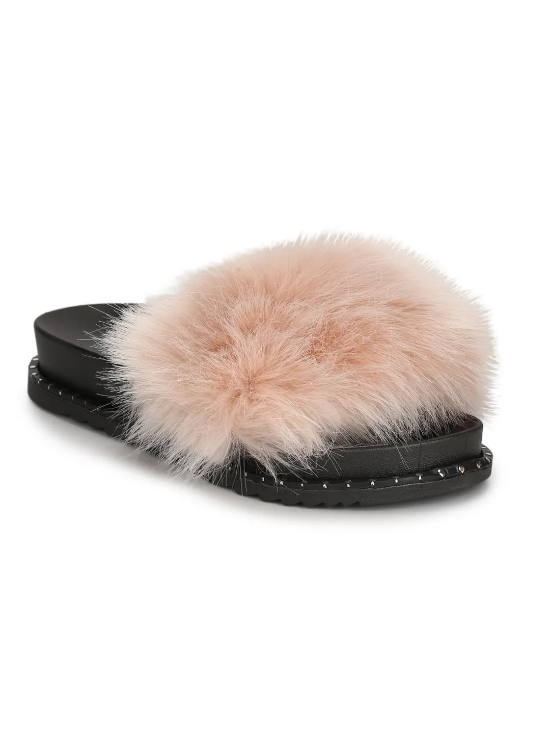 Salmon Fur Studded Slip-on Flats