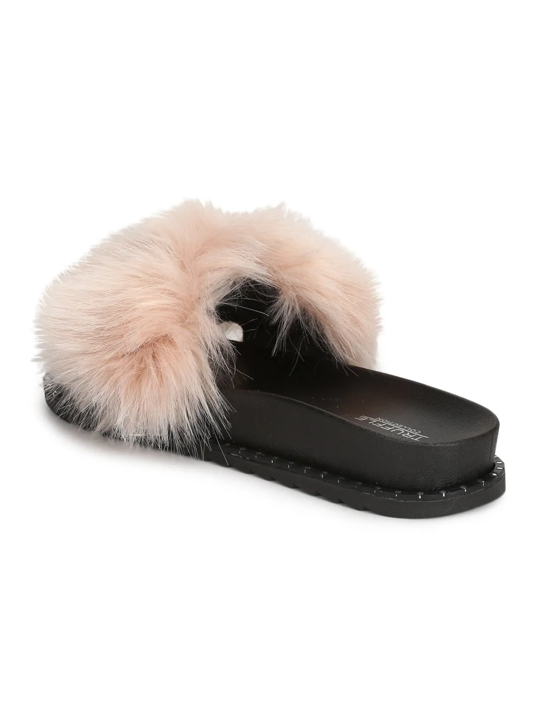 Salmon Fur Studded Slip-on Flats