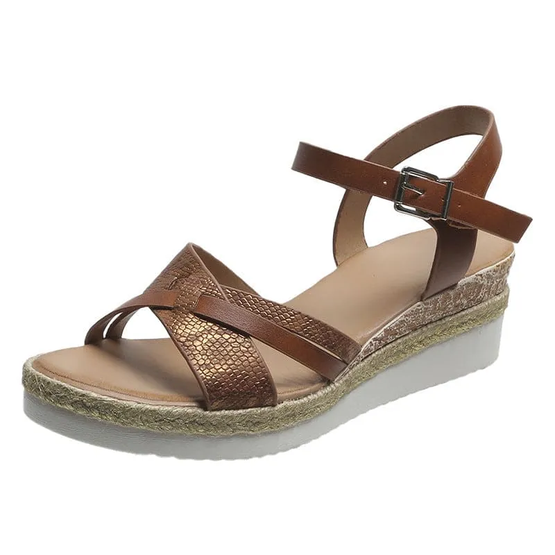 Snakeskin Pattern Espadrille Sole Ankle Strap Wedge PU Leather Sandals