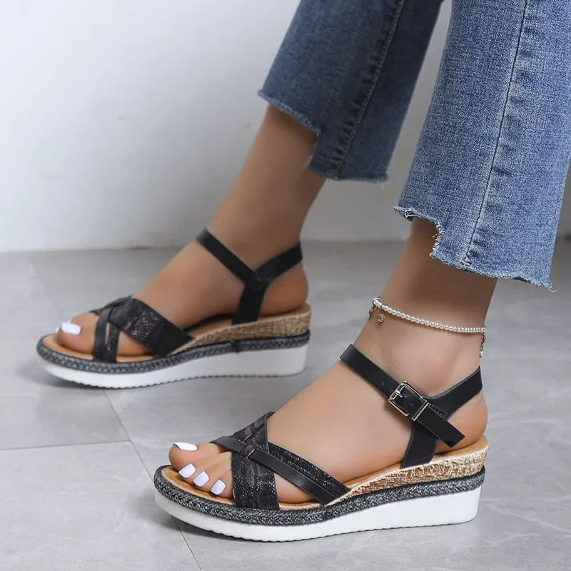 Snakeskin Pattern Espadrille Sole Ankle Strap Wedge PU Leather Sandals