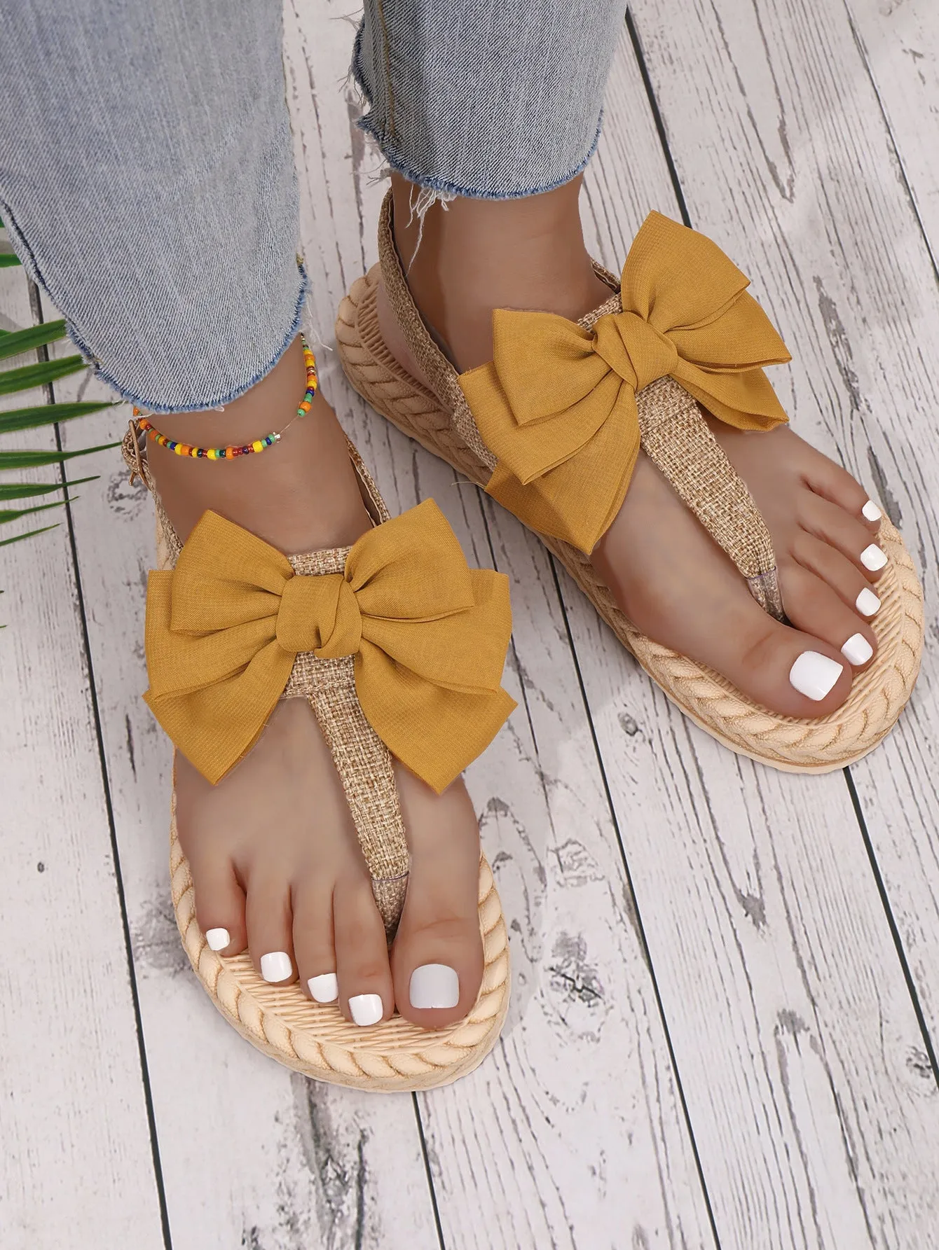 Summer straw flip fliops cute bowknot slippers outdoors beach