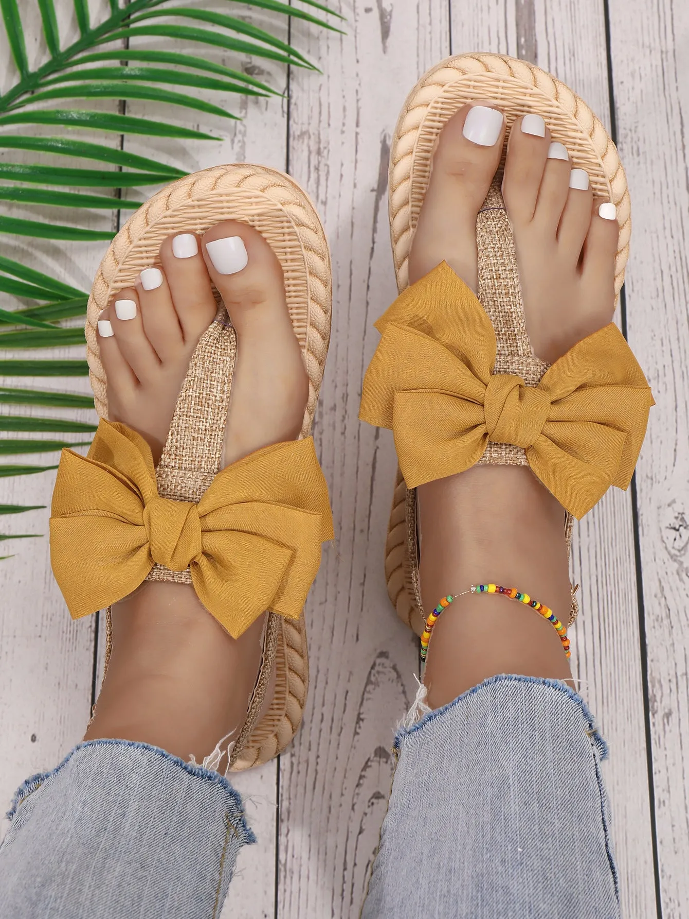 Summer straw flip fliops cute bowknot slippers outdoors beach