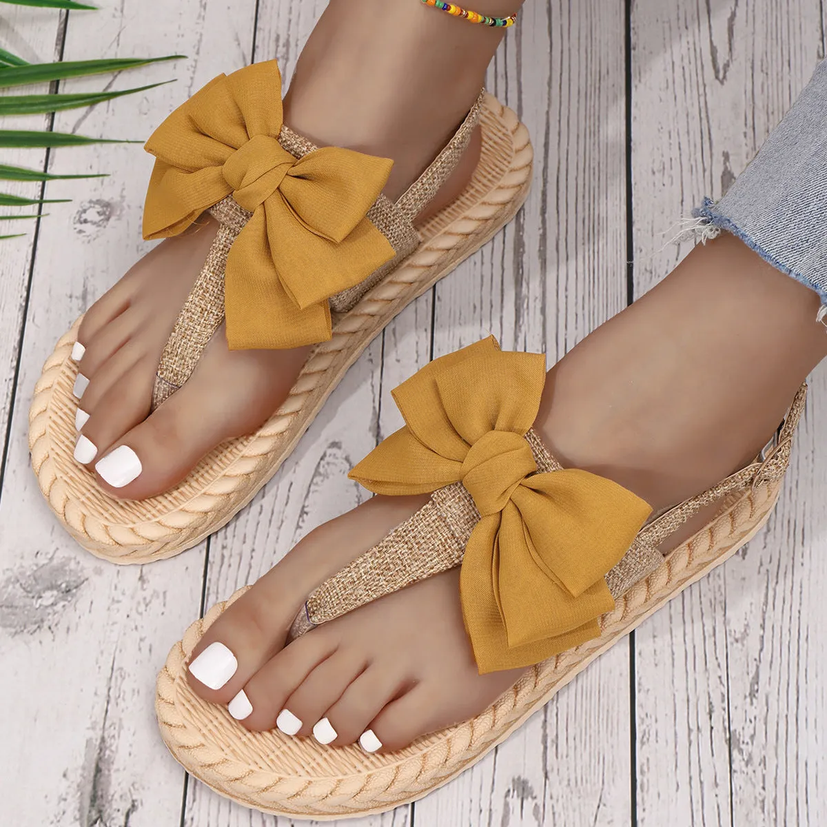 Summer straw flip fliops cute bowknot slippers outdoors beach