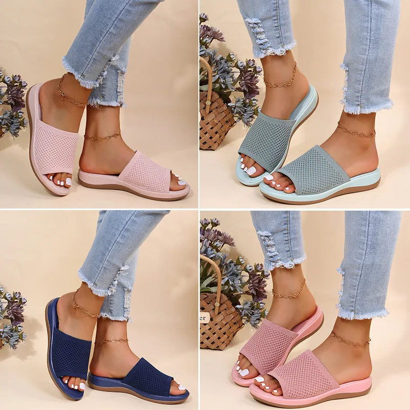 Women knit one strap peep toe slide beach sandals