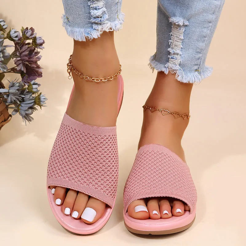 Women knit one strap peep toe slide beach sandals