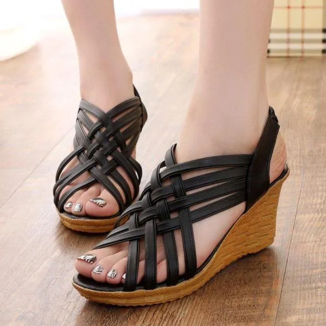 Women sexy peep toe slingback elastic strap wedge sandals