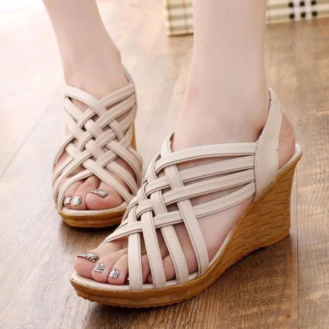 Women sexy peep toe slingback elastic strap wedge sandals