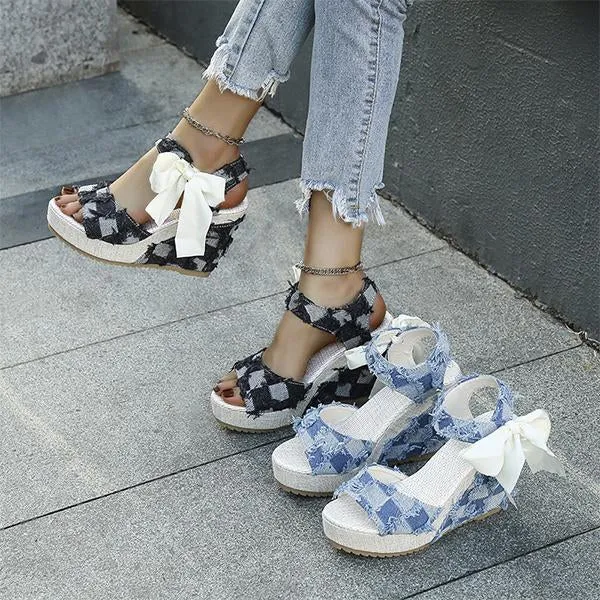 Women's Casual Denim Ribbon Wedge Sandals 50096583S