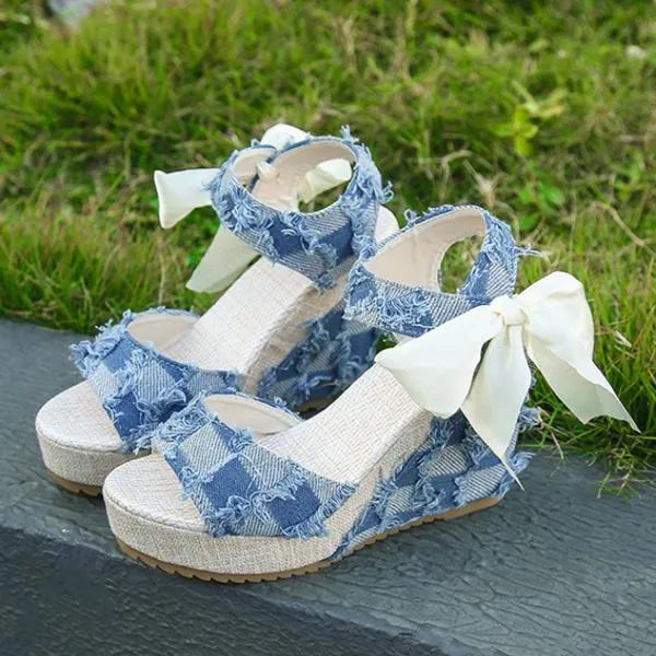 Women's Casual Denim Ribbon Wedge Sandals 50096583S