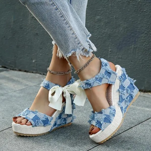 Women's Casual Denim Ribbon Wedge Sandals 50096583S