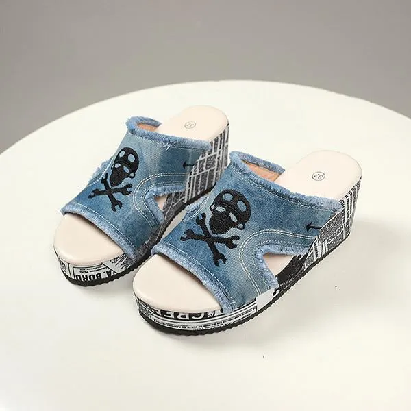 Women's Casual Skull Denim Tassel Wedge Slippers 34601102S