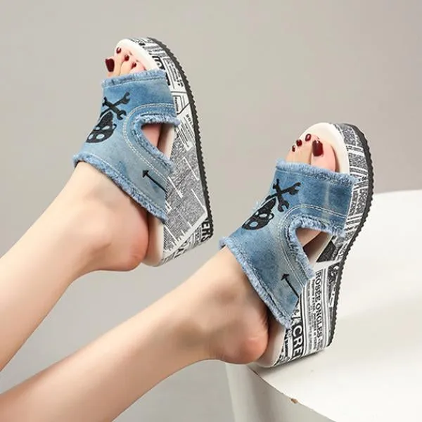 Women's Casual Skull Denim Tassel Wedge Slippers 34601102S