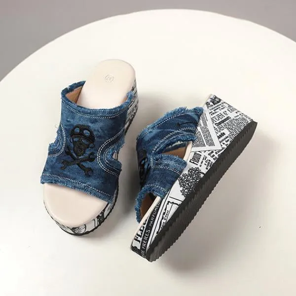 Women's Casual Skull Denim Tassel Wedge Slippers 34601102S