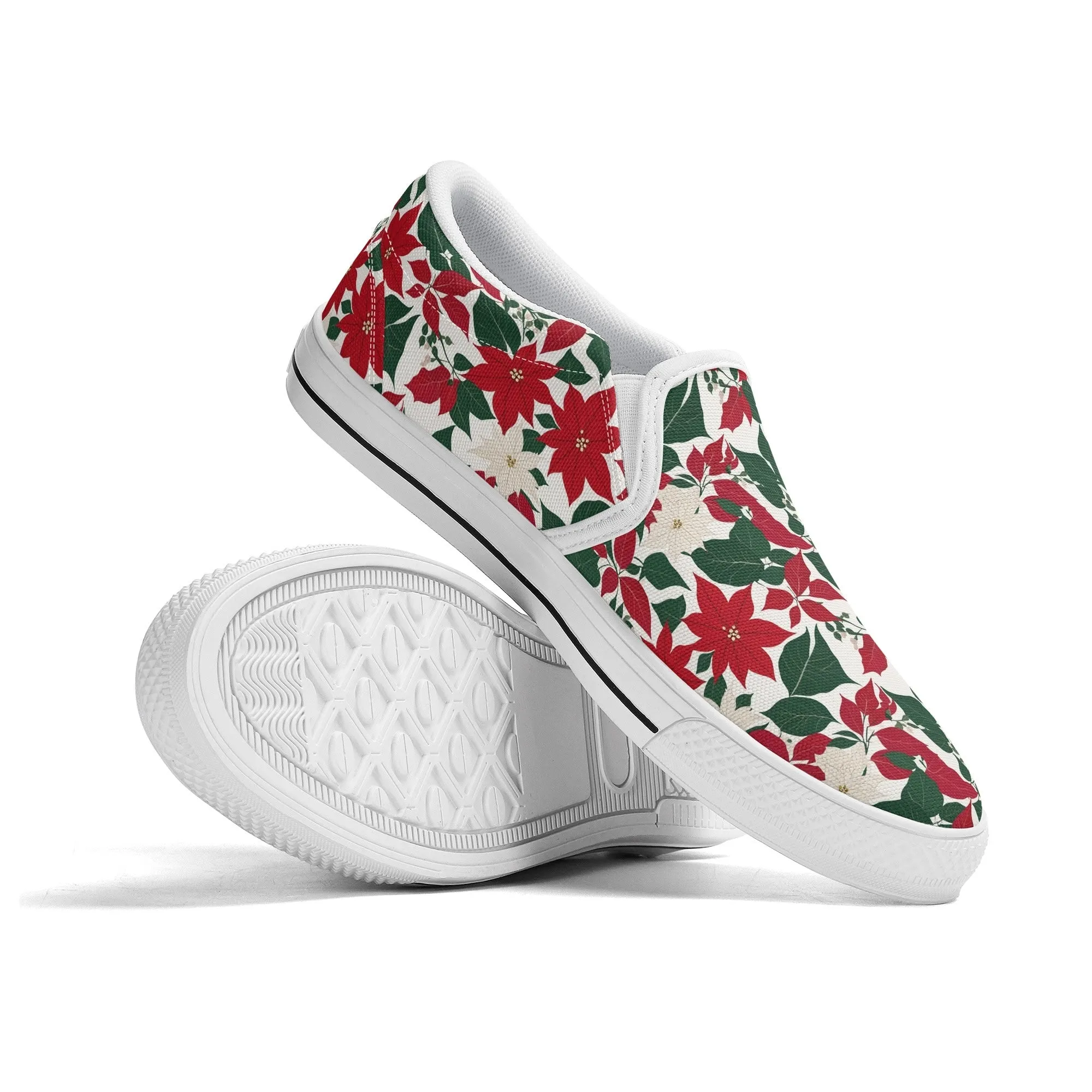 Womens Red and White Poinsettia Flower Rubber Slip On Shoes