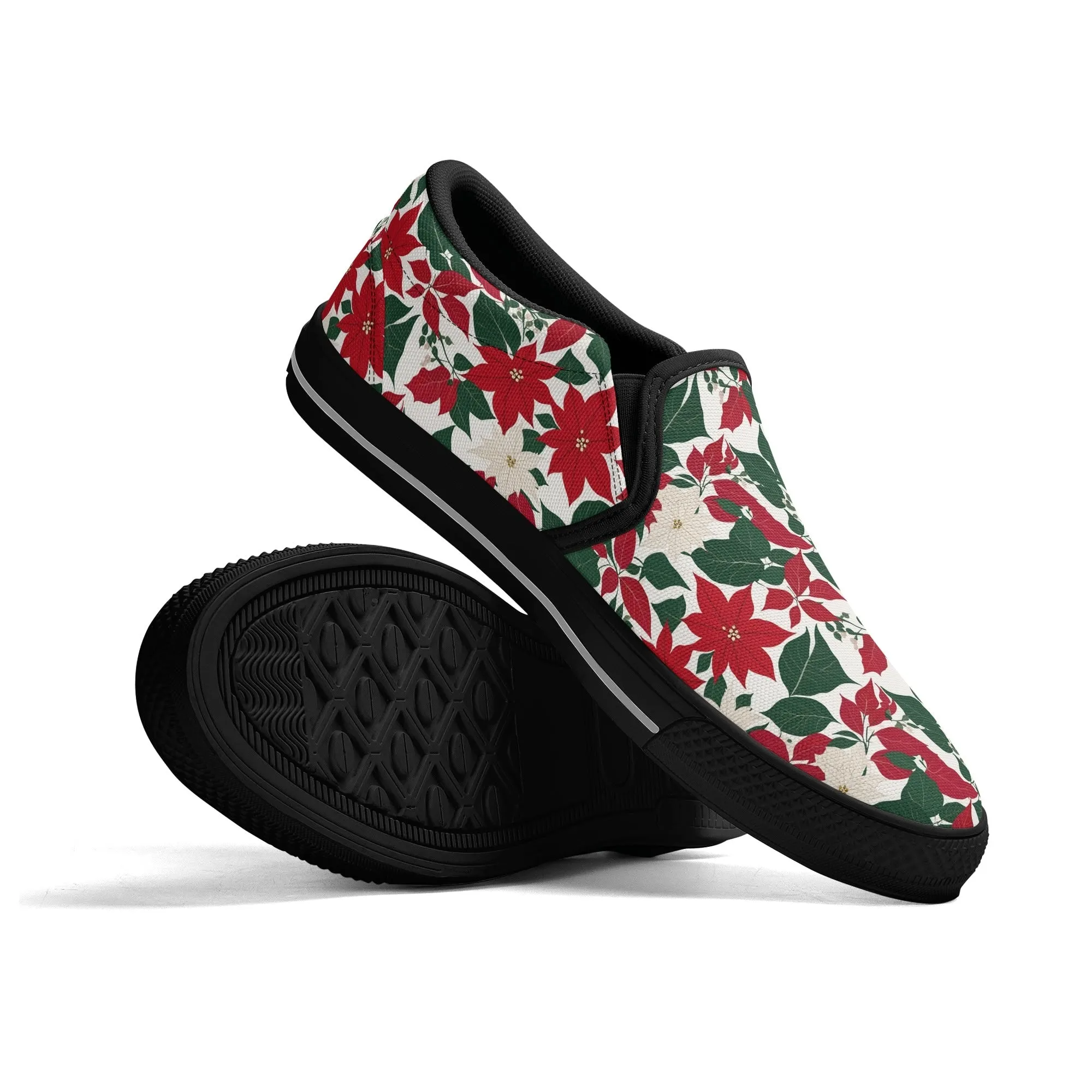 Womens Red and White Poinsettia Flower Rubber Slip On Shoes