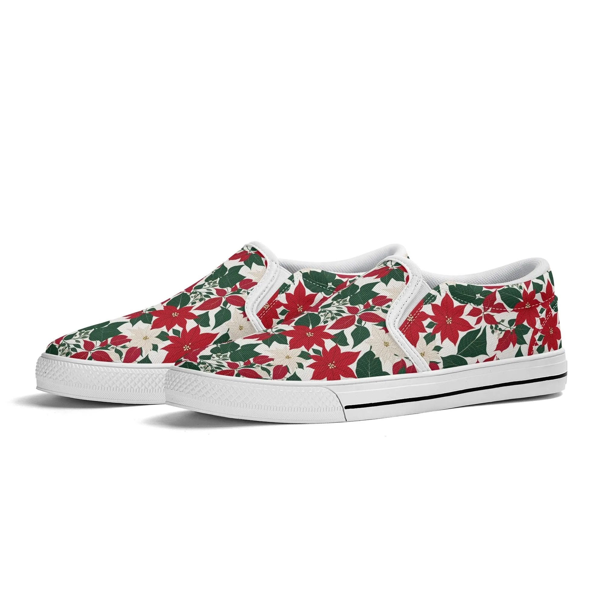 Womens Red and White Poinsettia Flower Rubber Slip On Shoes