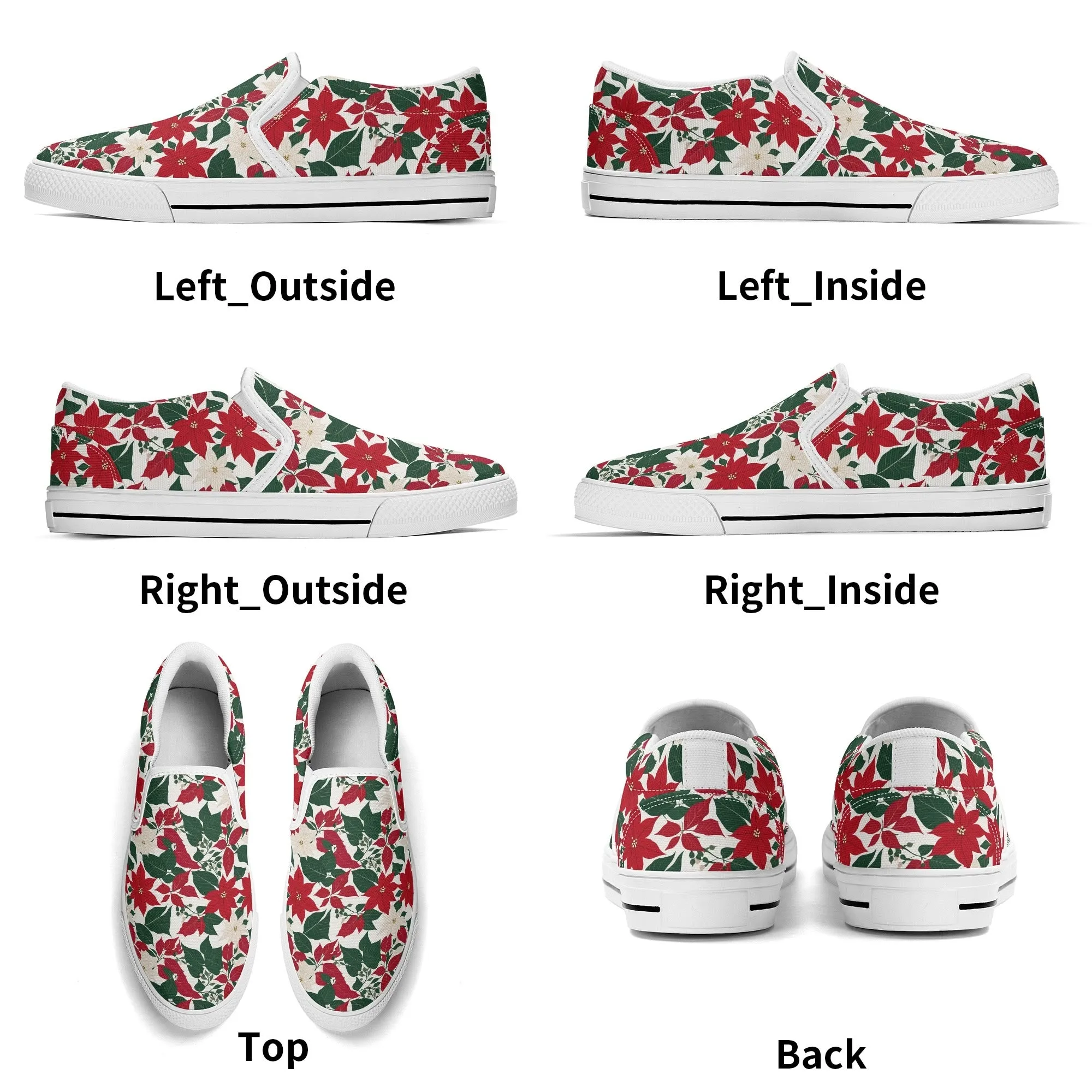 Womens Red and White Poinsettia Flower Rubber Slip On Shoes